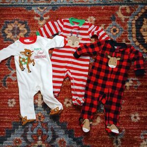 Bundle of 3 Infant One Piece Suits Size 6-9M Christmas Footies Rudolph